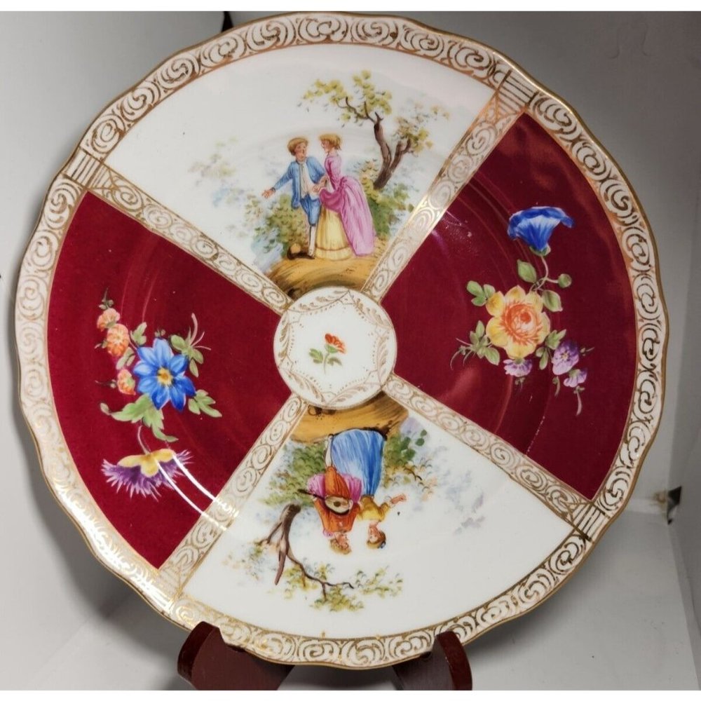 Dresden Richard Klemm Red Quatrefoil Plate Size 7-7/8” Burgundy Germany (B)
